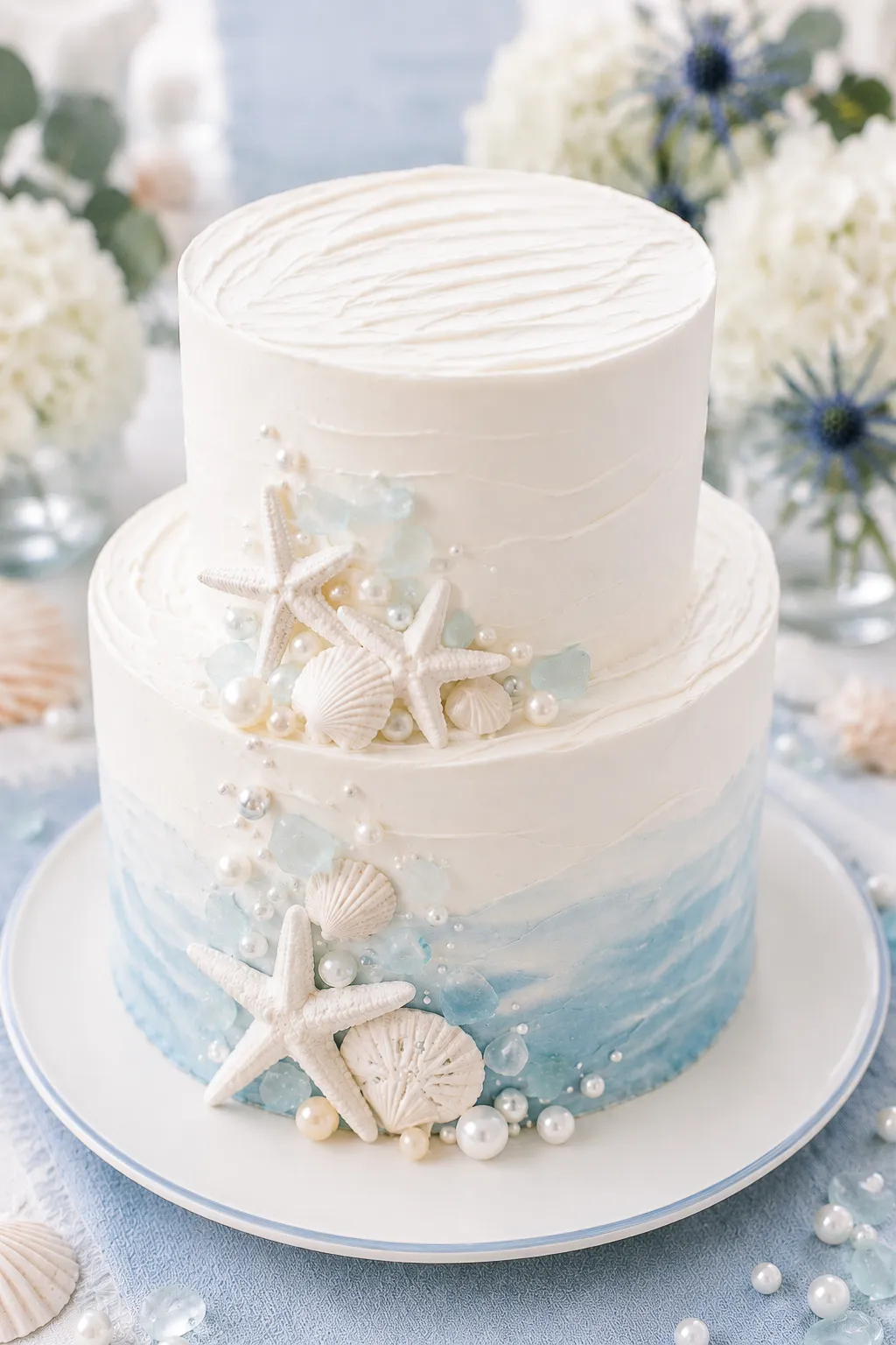 Coastal bridal shower cake — white semi-naked buttercream with a soft blue wash and sugar-paste shells