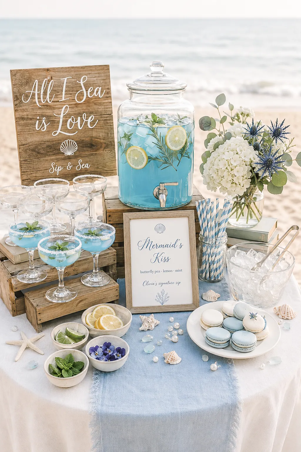 Coastal bridal shower drink station — spritz and sparkling lemonade in pretty glasses with a soft blue sign