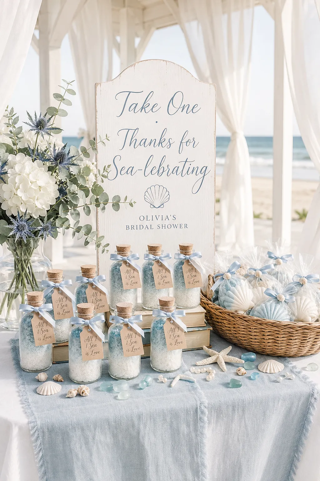 Coastal bridal shower favors — sea salt scrub jars and shell soaps tied with soft blue ribbon