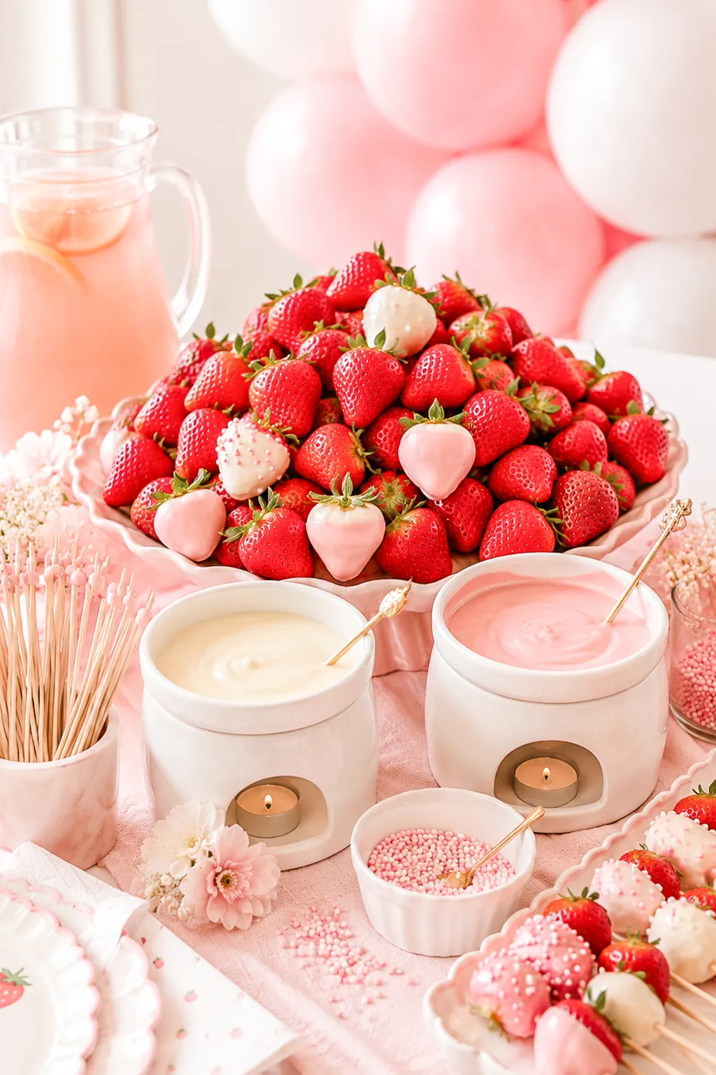 Berry table for a first birthday — strawberries, dishes of pink and white chocolate for dipping, skewers and pink lemonade