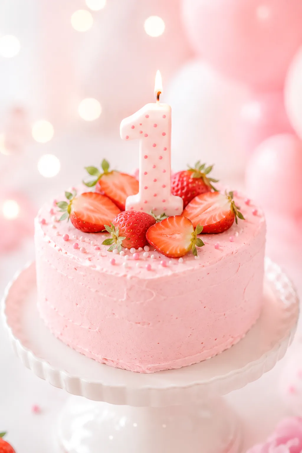 Small strawberry smash cake with soft pink buttercream and a fresh strawberry on top for a first birthday