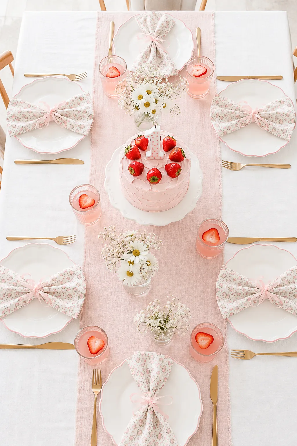Berry first birthday tablescape — soft pink place settings, strawberries and cream with gold touches