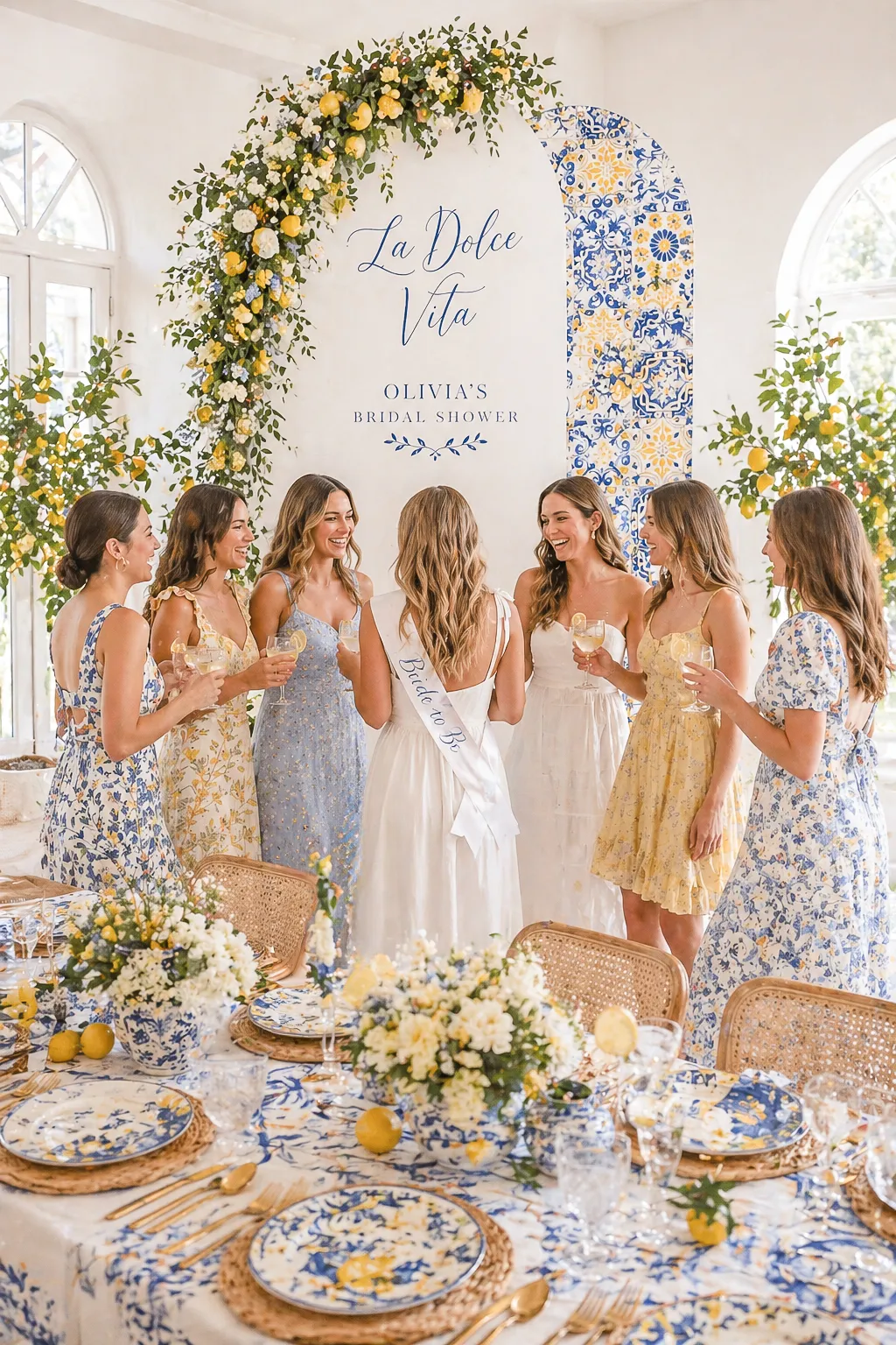 La Dolce Vita Mediterranean bridal shower floral arch backdrop with lemons, blue and white tiles and olive tree