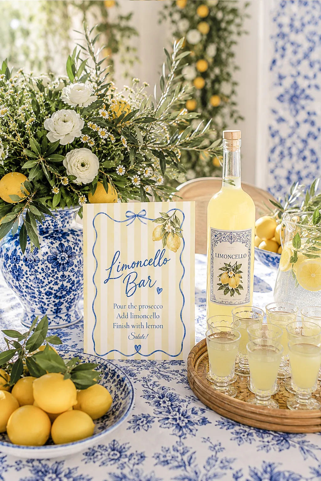 La Dolce Vita bridal shower limoncello bar with pedestal sign, cordial glasses and lemons