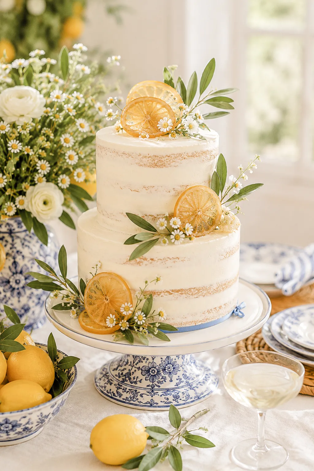 La Dolce Vita bridal shower cake, white buttercream with candied lemon slices and blue and white detailing