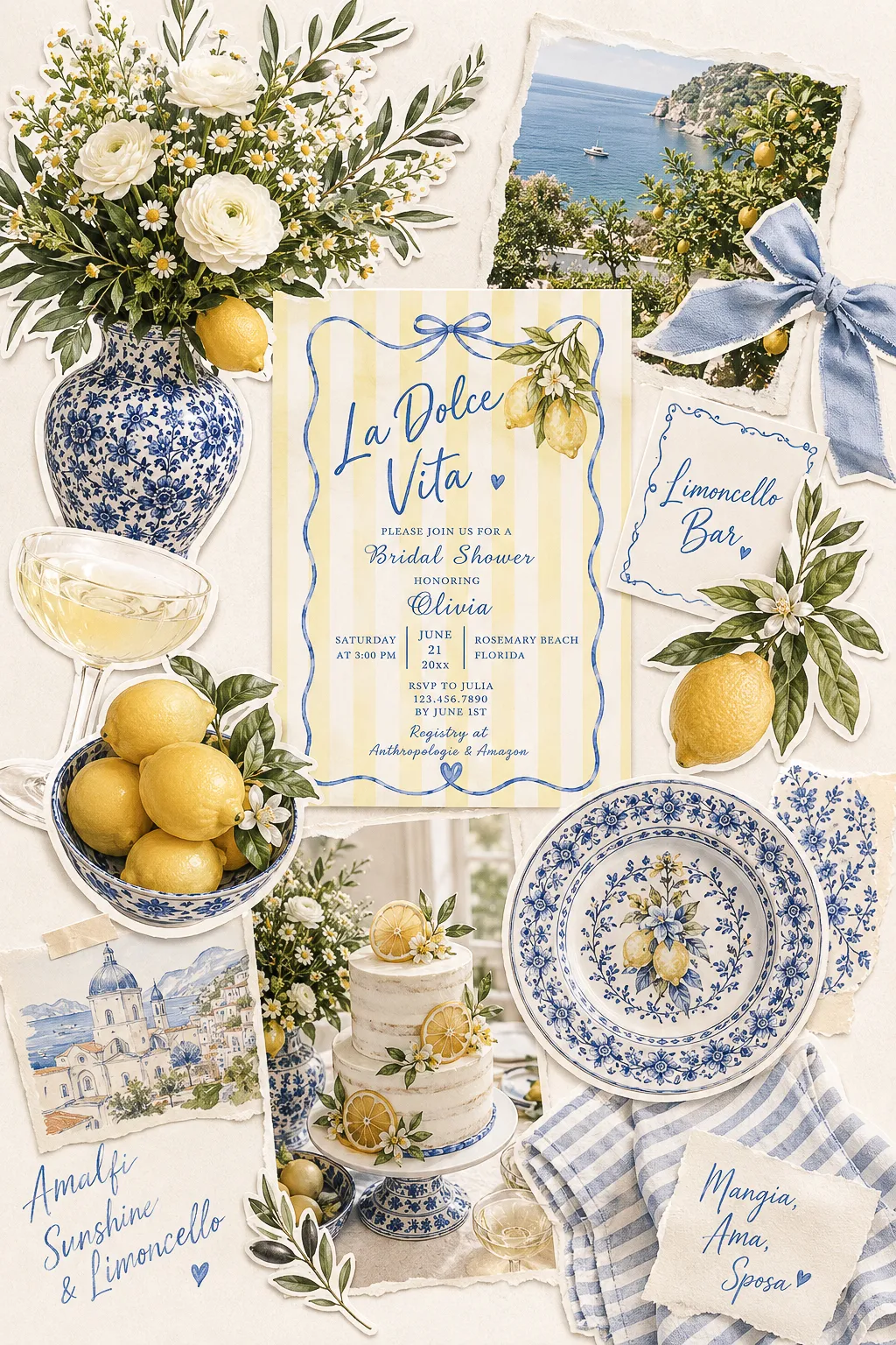 La Dolce Vita bridal shower get the look collage — palette, table, backdrop, cake and limoncello bar