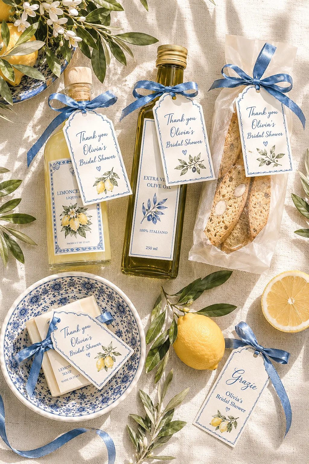 La Dolce Vita bridal shower favors — mini limoncello bottles, lemon candles, biscotti in blue and white