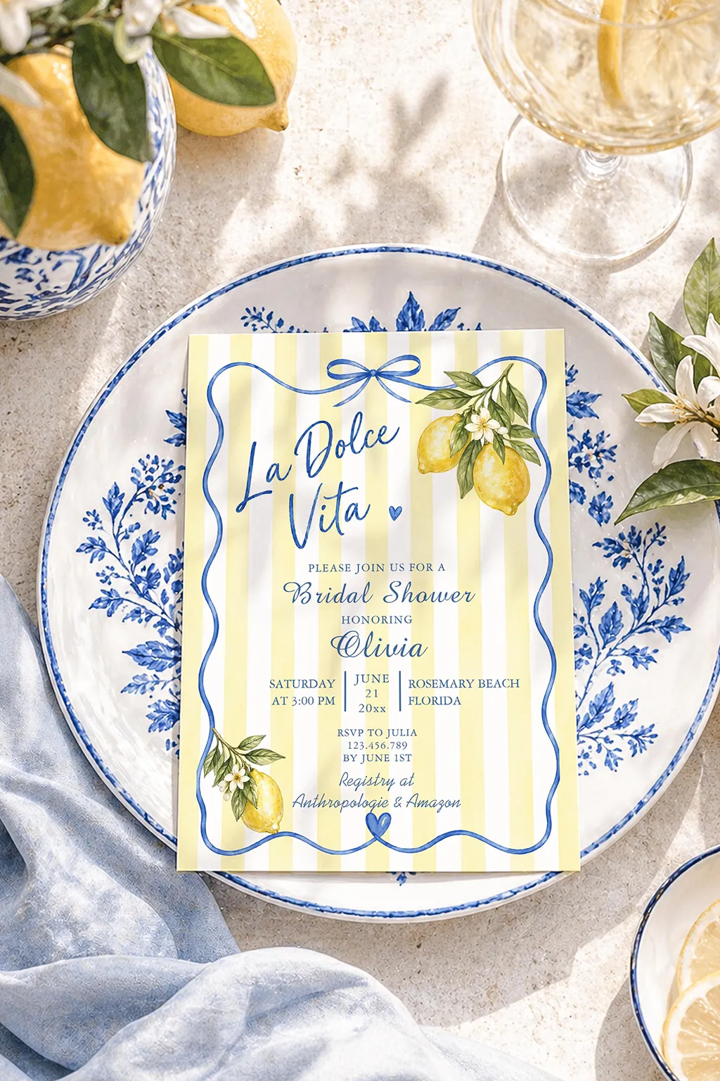 La Dolce Vita bridal shower invitation, yellow and white stripe with handwritten blue script and lemons