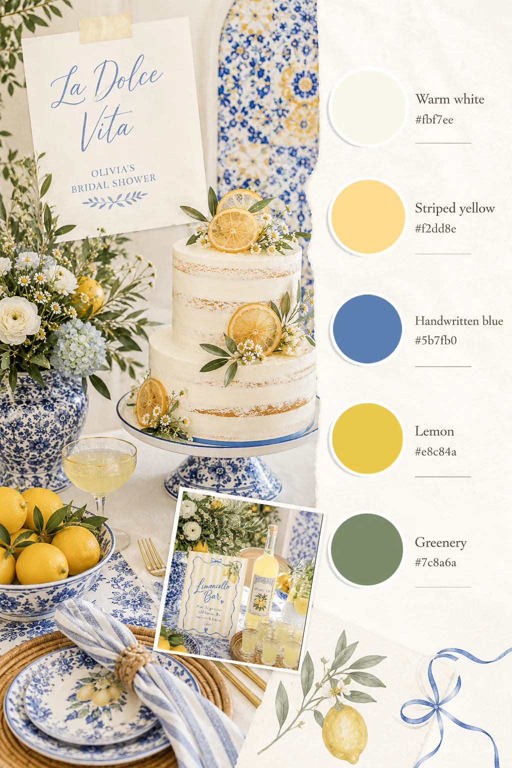 La Dolce Vita bridal shower color palette — warm white, striped yellow, handwritten blue, lemon, greenery