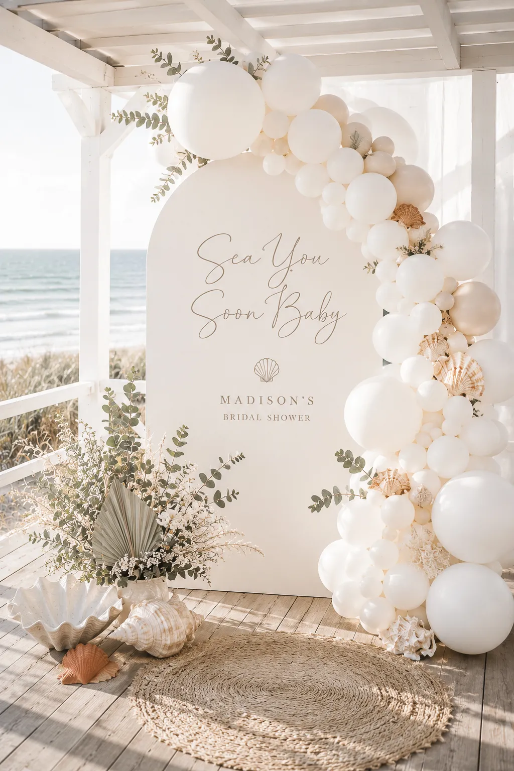 Sea You Soon baby shower balloon backdrop in sand, cream and terracotta with pampas and a Sea You Soon sign