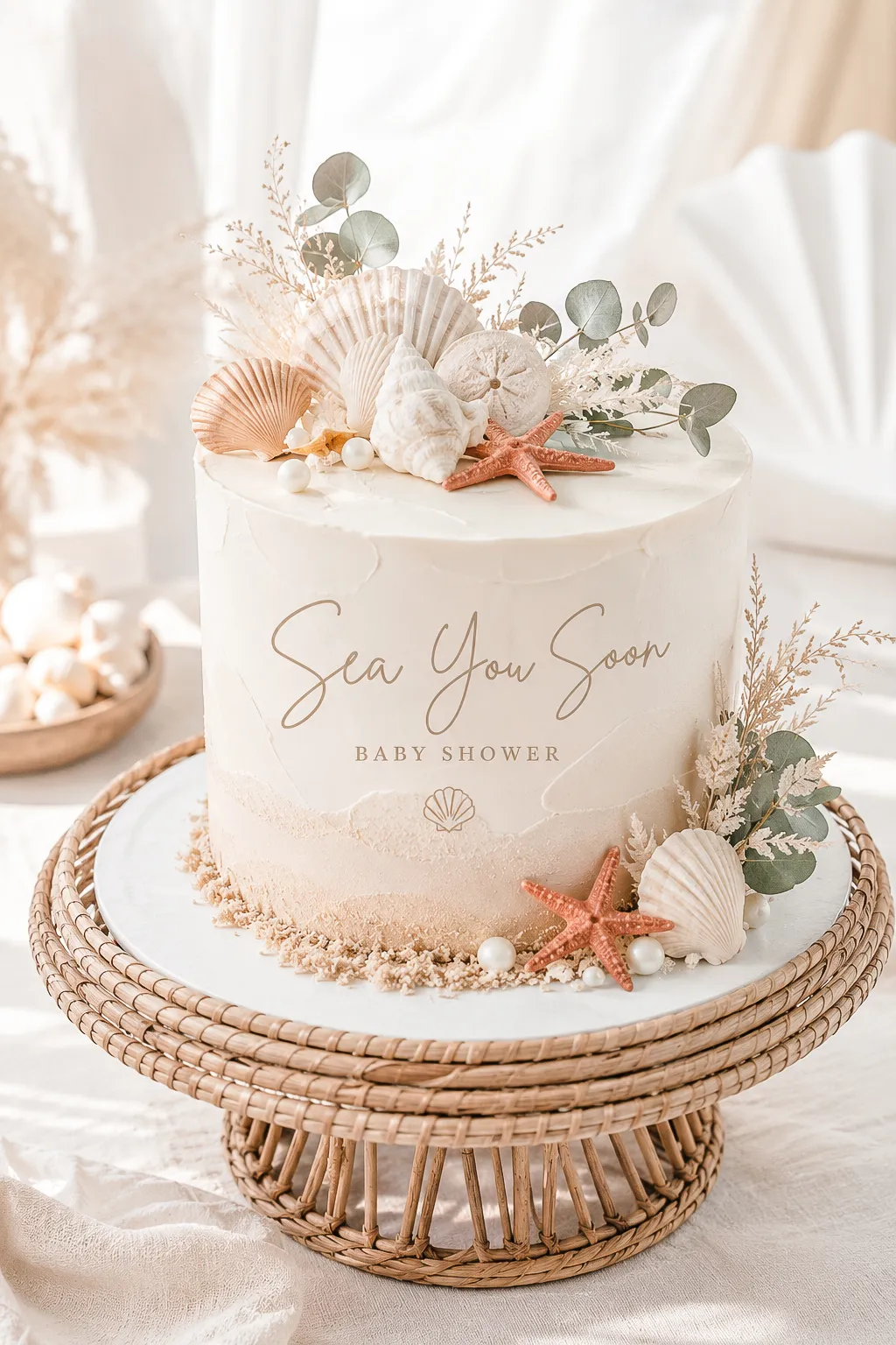 Sea You Soon baby shower cake — buttercream with sandy ombre, sugar shells and a terracotta starfish