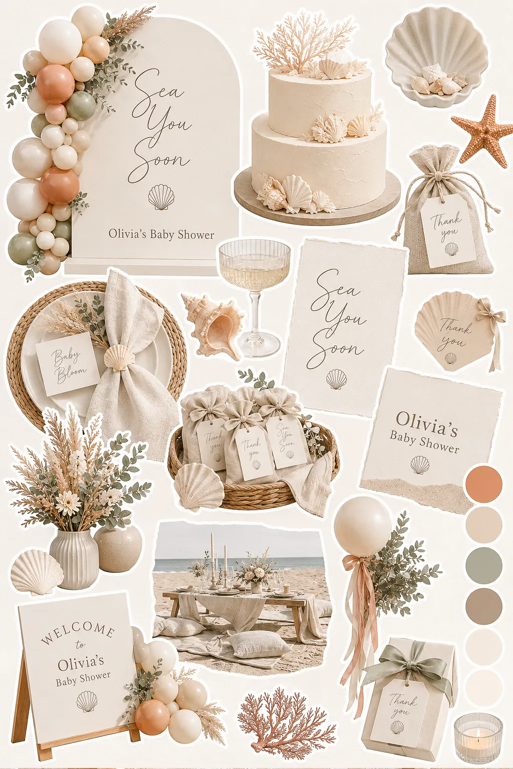 Sea You Soon baby shower decor collage — shells, pampas, eucalyptus, candles and a wish bottle in a neutral coastal palette