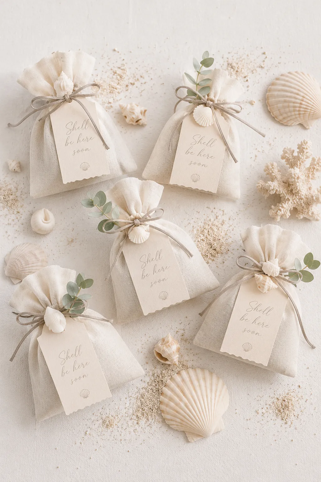 Sea You Soon baby shower favors — mini jars and shell soaps tied with twine and a Shell Be Here Soon tag