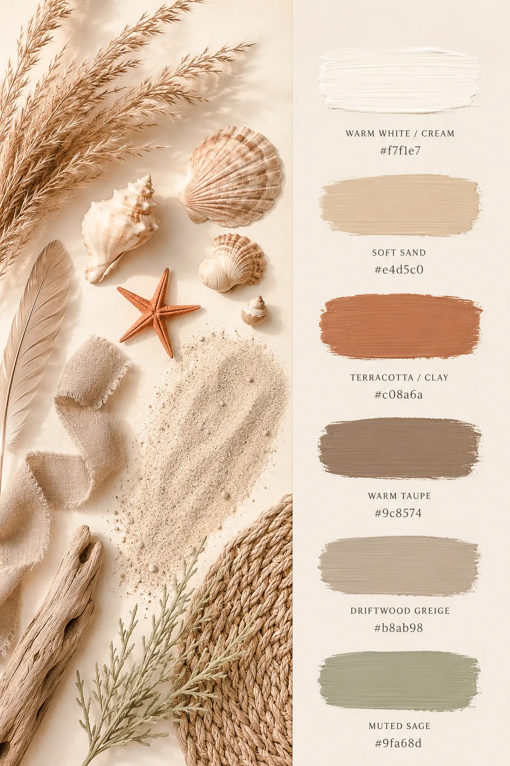 Sea You Soon baby shower color palette — warm white, sand, terracotta, taupe, driftwood and sage