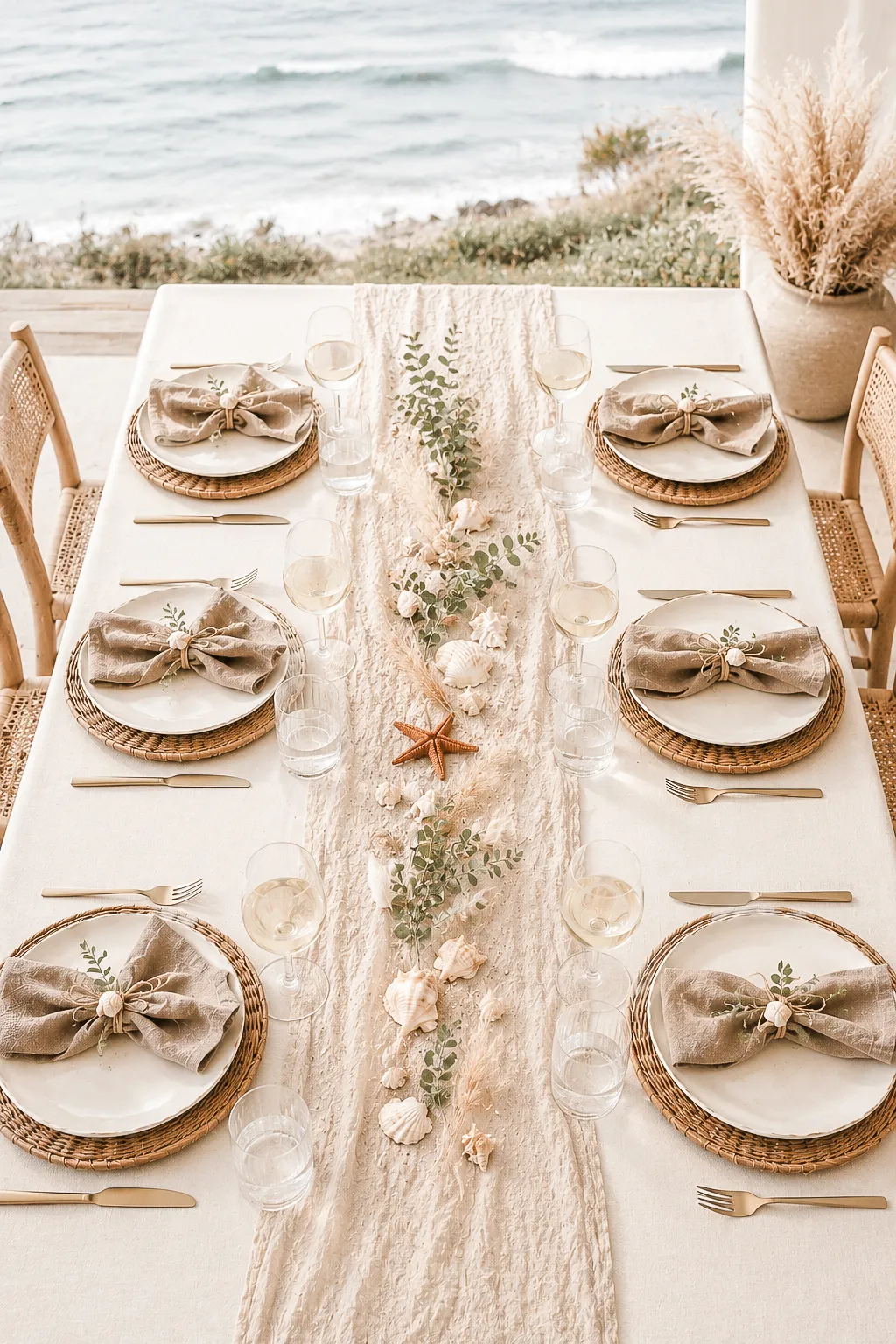 Neutral coastal Sea You Soon baby shower table with sand linen runner, seashells, terracotta starfish, taper candles and pampas