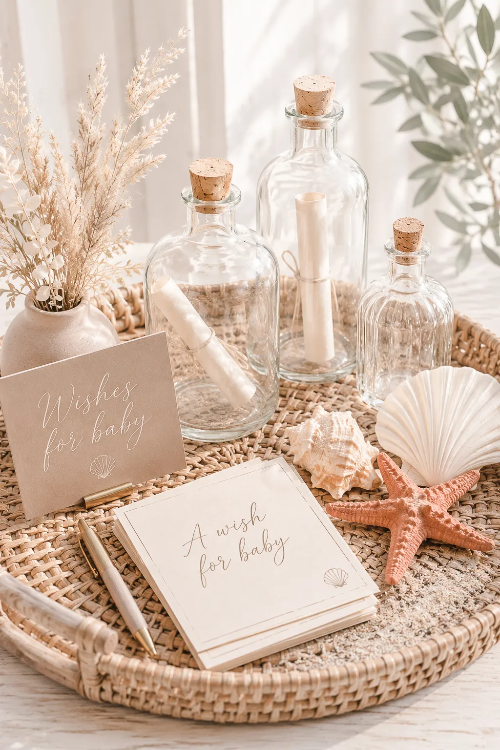 Sea You Soon baby shower wishes-in-a-bottle station with glass bottles, wish cards and shells on a rattan tray