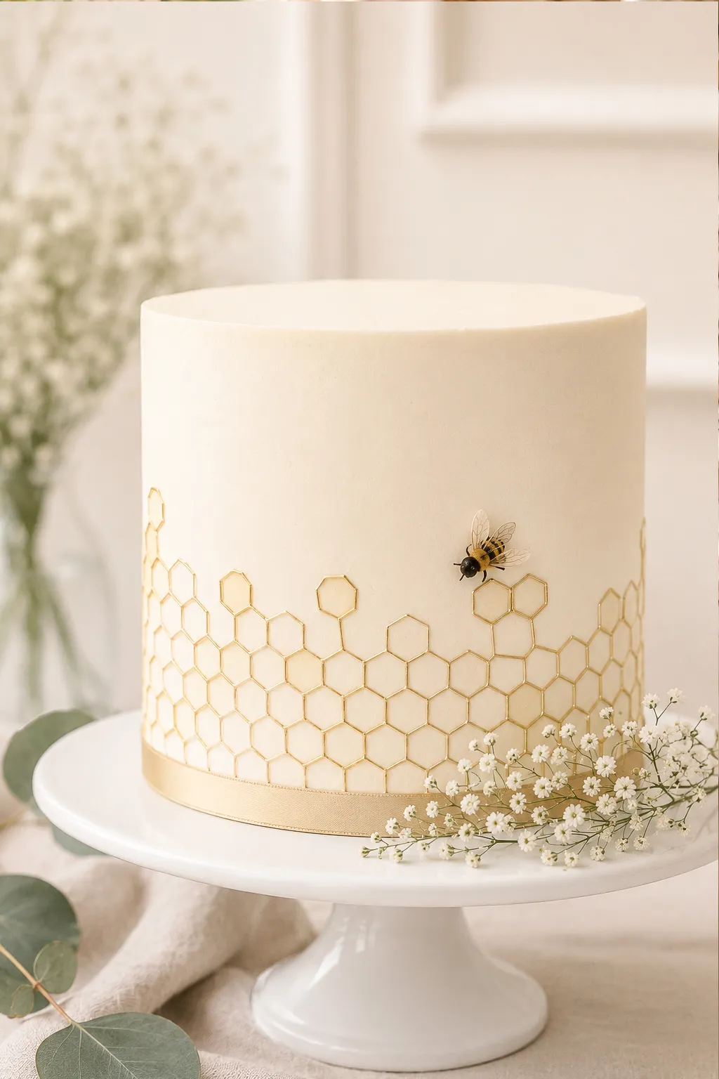 Honey bridal shower cake — semi-naked buttercream with soft watercolor honey jar painted on the side and a small sugar bee