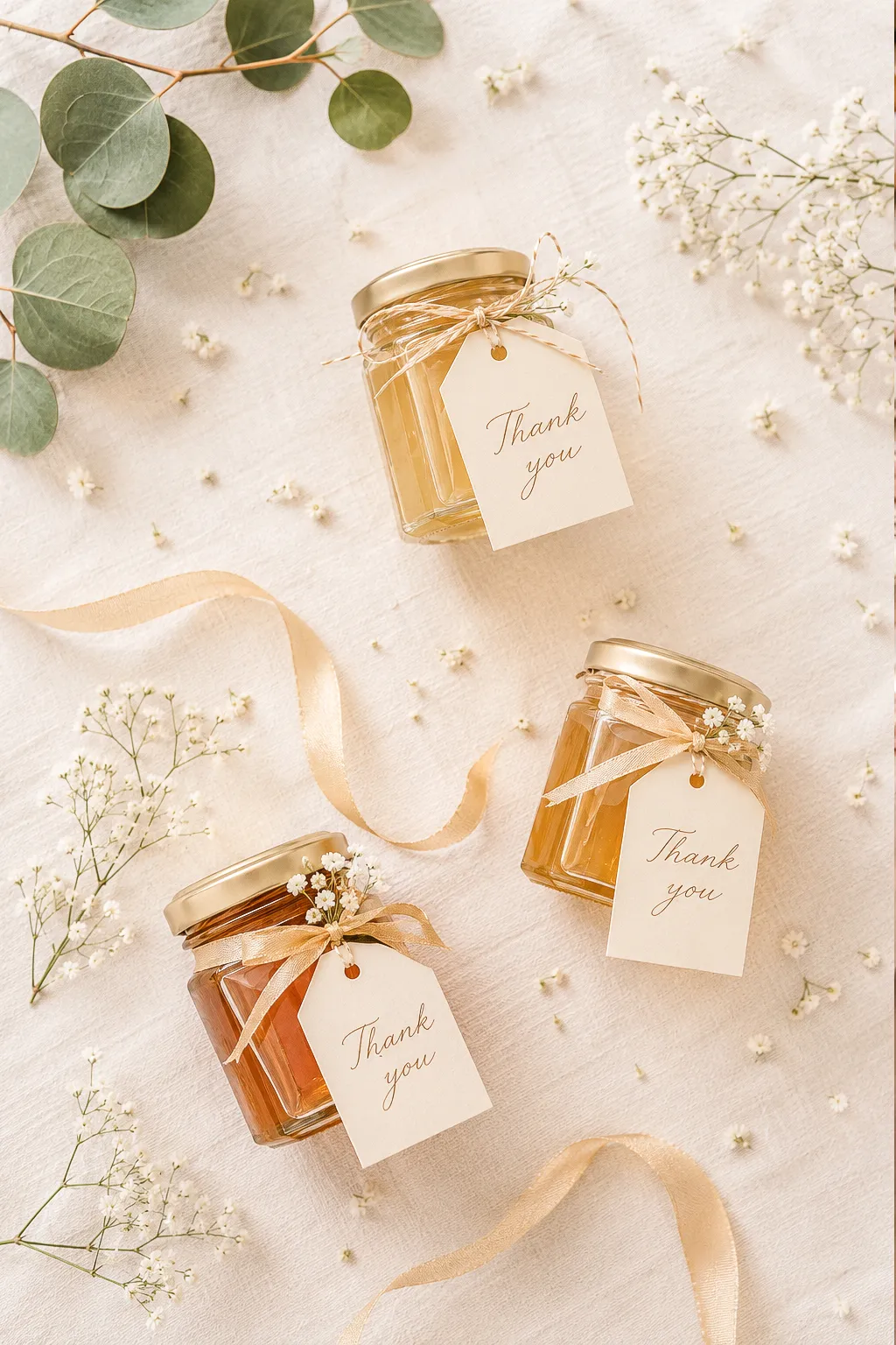 Bridal shower favors — mini honey jars with labels tied with thin gold ribbon