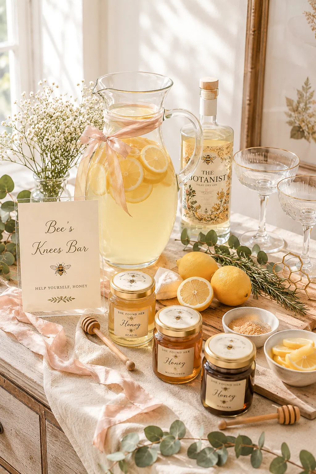 Honey bar for a bridal shower — Bee's Knees cocktail, honey lemonade, honey jars, dippers and a small sign