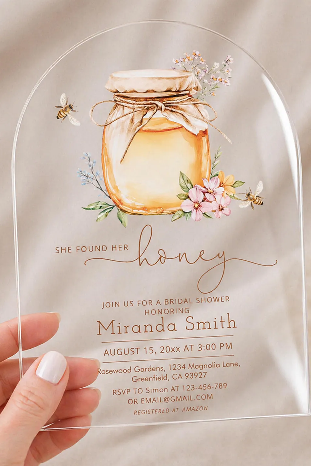 She Found Her Honey bridal shower invitation — watercolor honey jar tied with twine, soft florals and a tiny bee