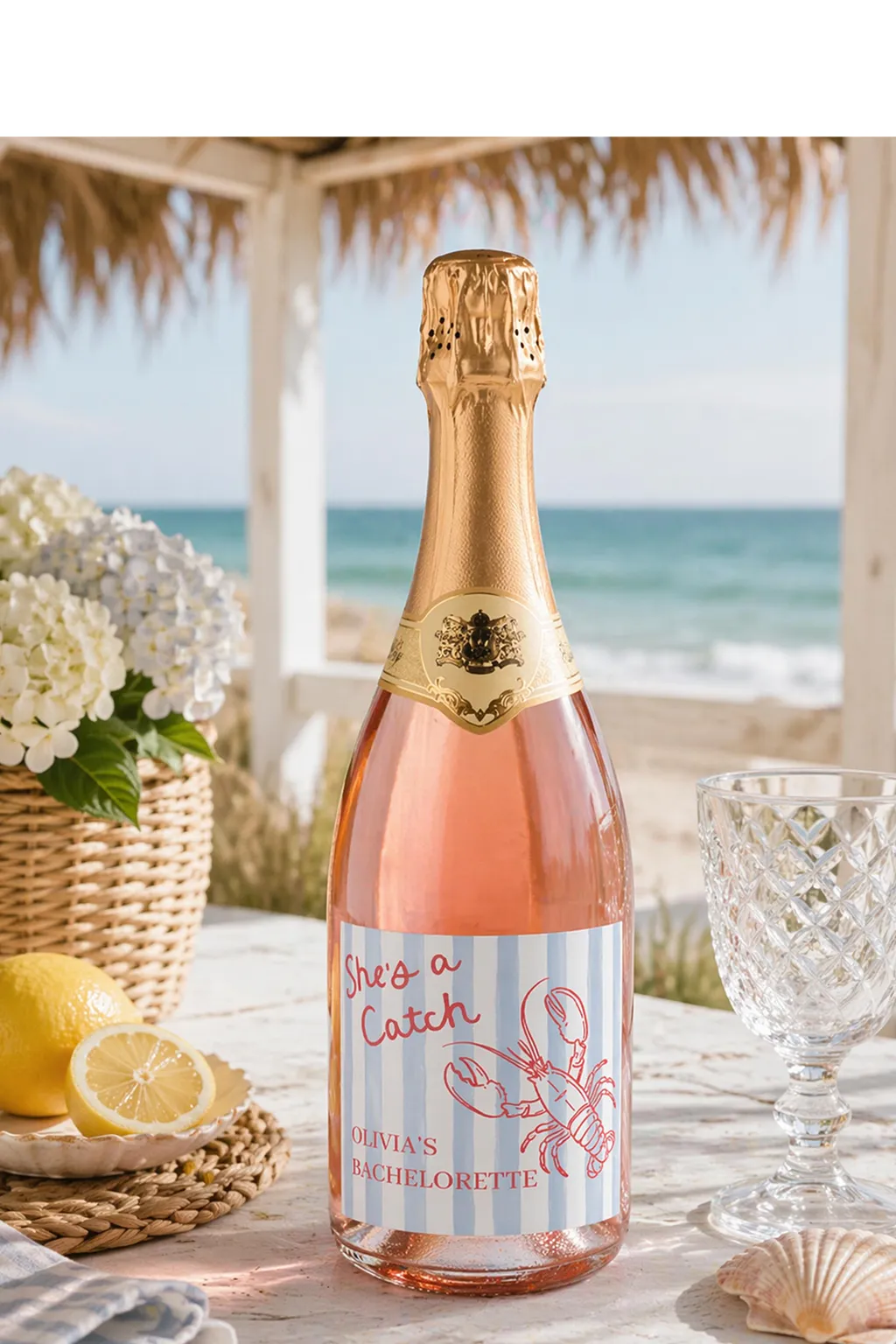 She's a Catch bachelorette sparkling wine with a blue-and-white striped lobster label