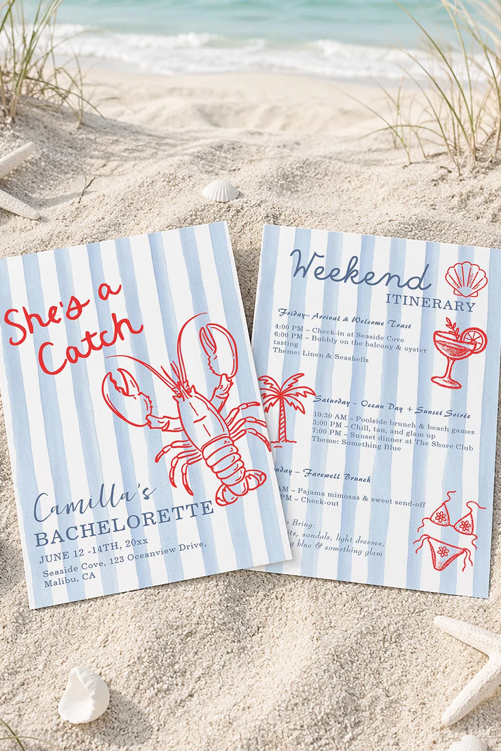 She's a Catch bachelorette invitation — blue-and-white stripes and a hand-lettered red lobster